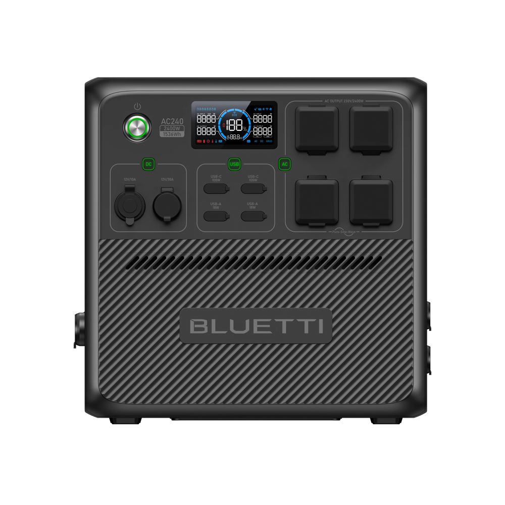 A BLUETTI AC240+B210 power station with a digital display, multiple ports and buttons on the front panel, and a textured black finish.