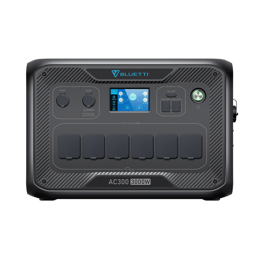 A black BLUETTI AC300 power inverter with a digital display and multiple ports.