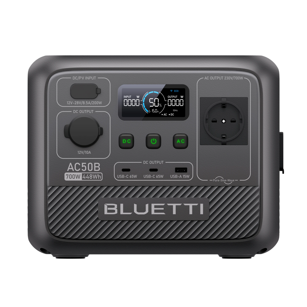 A portable power station with various output ports and indicators, branded BLUETTI.