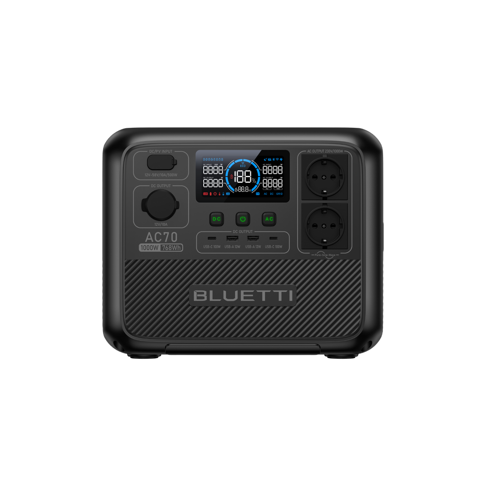 A black BLUETTI AC70 portable power station with a digital display, multiple ports, and buttons on the front panel.