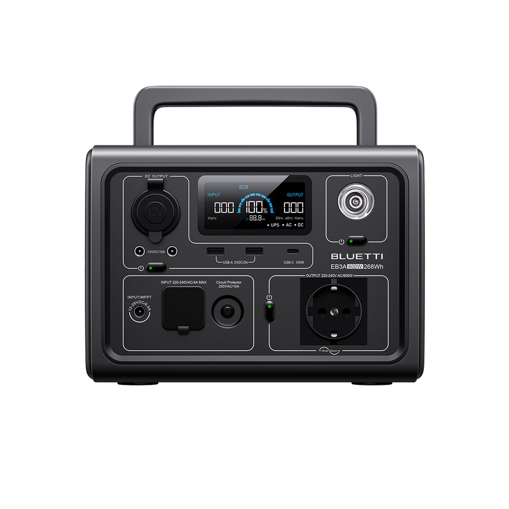 A portable power station with various input and output ports, buttons.