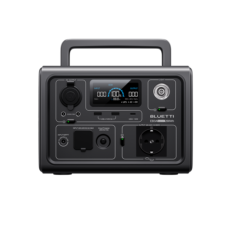 A portable power station with various input and output ports, buttons.